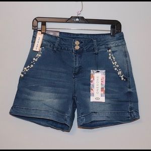 High Rise Jean Shorts with Pearl Accents NWT
